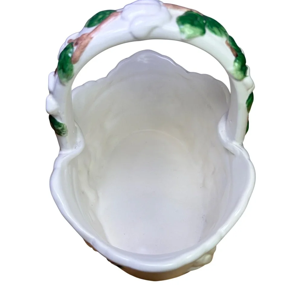 Napco Ceramic Magnolia Flower Basket Planter Vase White Green Rare Retro Vintage